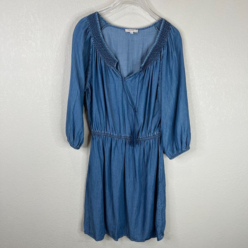 Halo A-Line Mini Dress Women Medium Blue Lyocell Smocked Tie Neck Balloon Sleeve